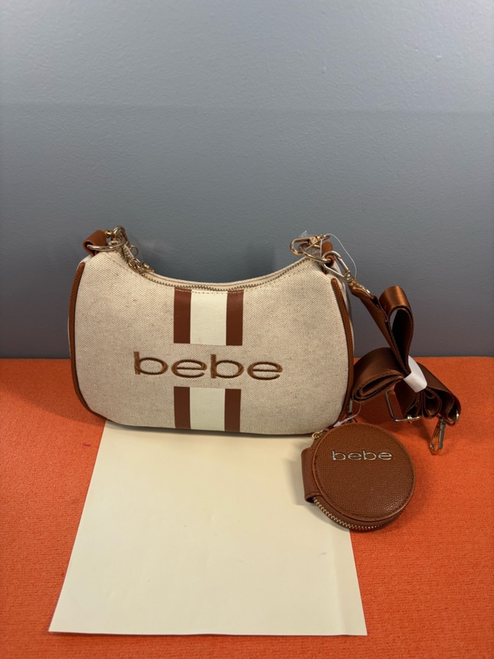 Bebe Paisley Cream & Brown Canvas Crossbody Bag with Coin Pouch